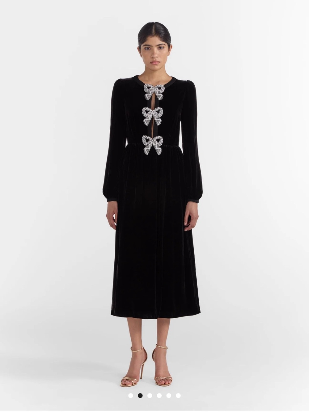SALONI Black Velvet Midi Dress with Crystal Bow Details